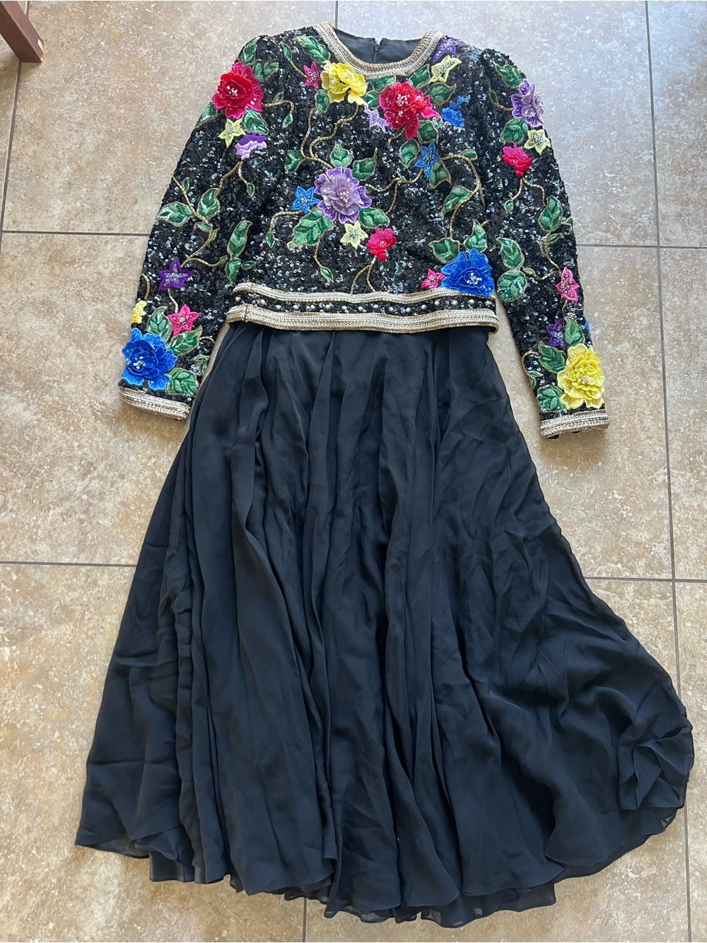 Vintage 1980s Designer Richilene Hand Beaded Sequin Black Long Sleeve Gown Sz 8